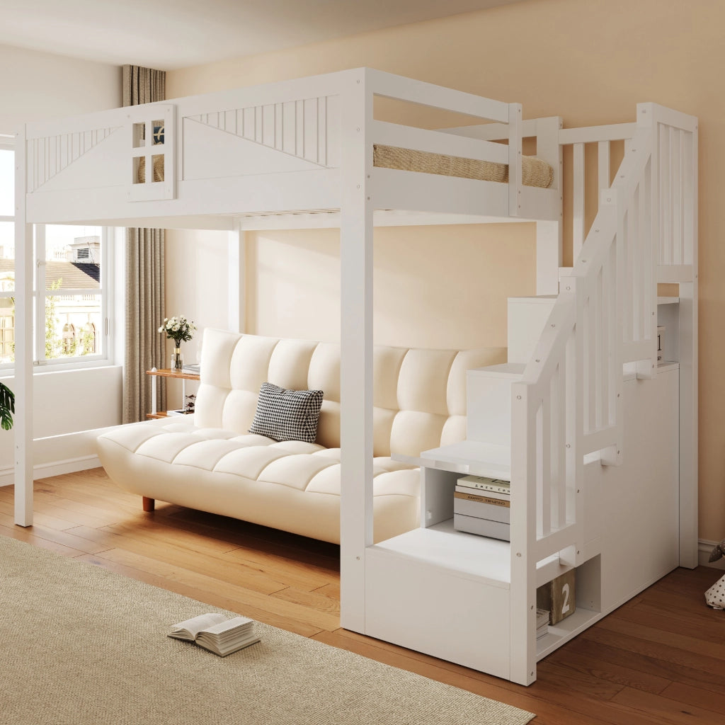 Letto a soppalco 140x200 cm con parapetto a finestra e scala contenitore reversibile; struttura in legno massello; bianco