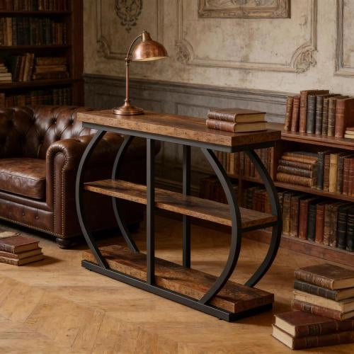 Consolle a 3 ripiani in metallo e legno marrone stile industriale per ingresso e soggiorno 105 × 24 × 80 cm