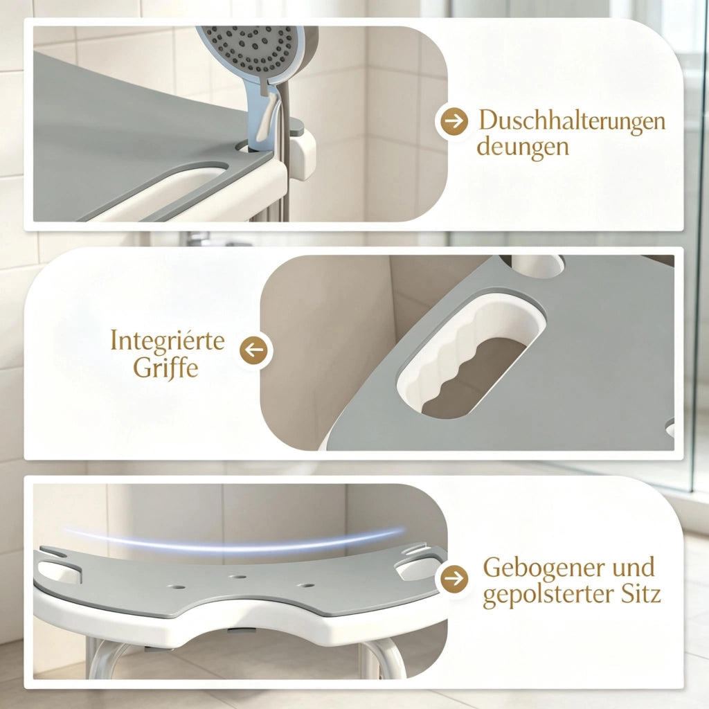 Sgabello doccia regolabile in altezza 39–51,5 cm con ventose e maniglia, grigio