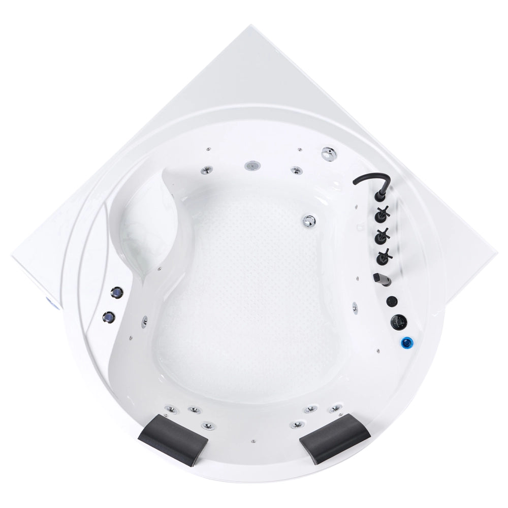 Vasca idromassaggio angolare in acrilico bianco 2250 x 1600 mm con luci LED altoparlanti Bluetooth porta USB getti massaggianti e poggiatesta