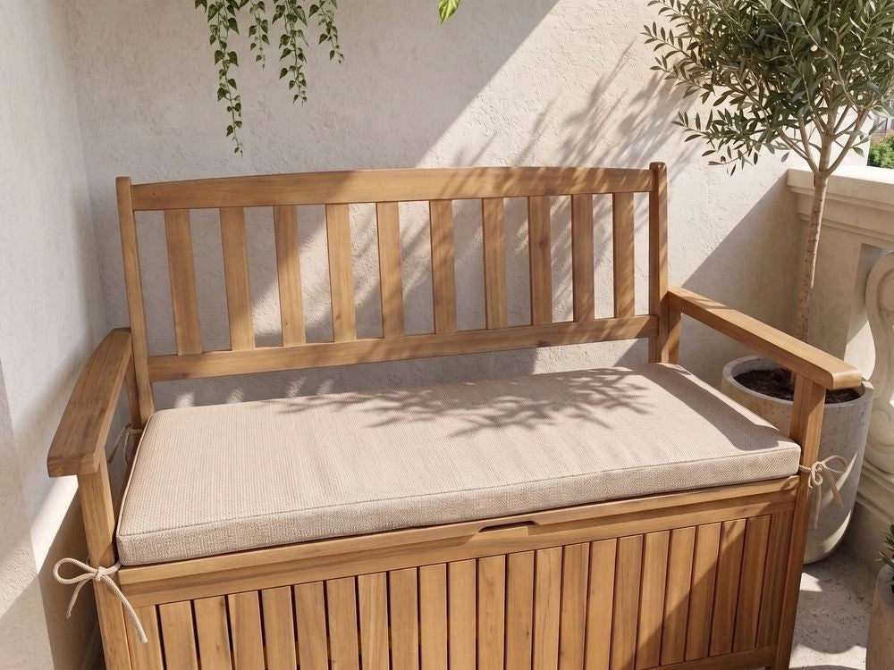 Cuscino per panche da esterno con lacci e rivestimento sfoderabile in tessuto beige con lacci, resistenti ai raggi UV e idrorepellenti