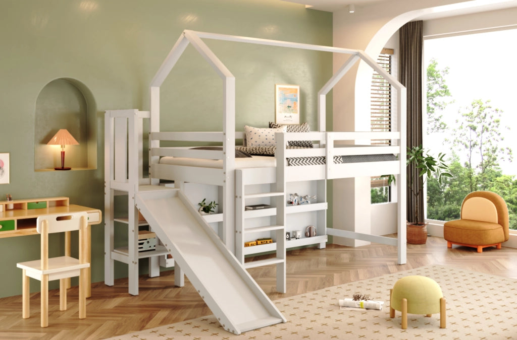 Letto singolo ULEVR 90x200 cm con scivolo, scale, armadietti e scaffale, bianco