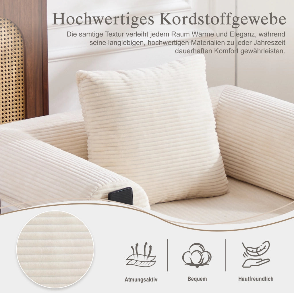 Poltrona modulare in velluto a coste beige con pouf e cuscino