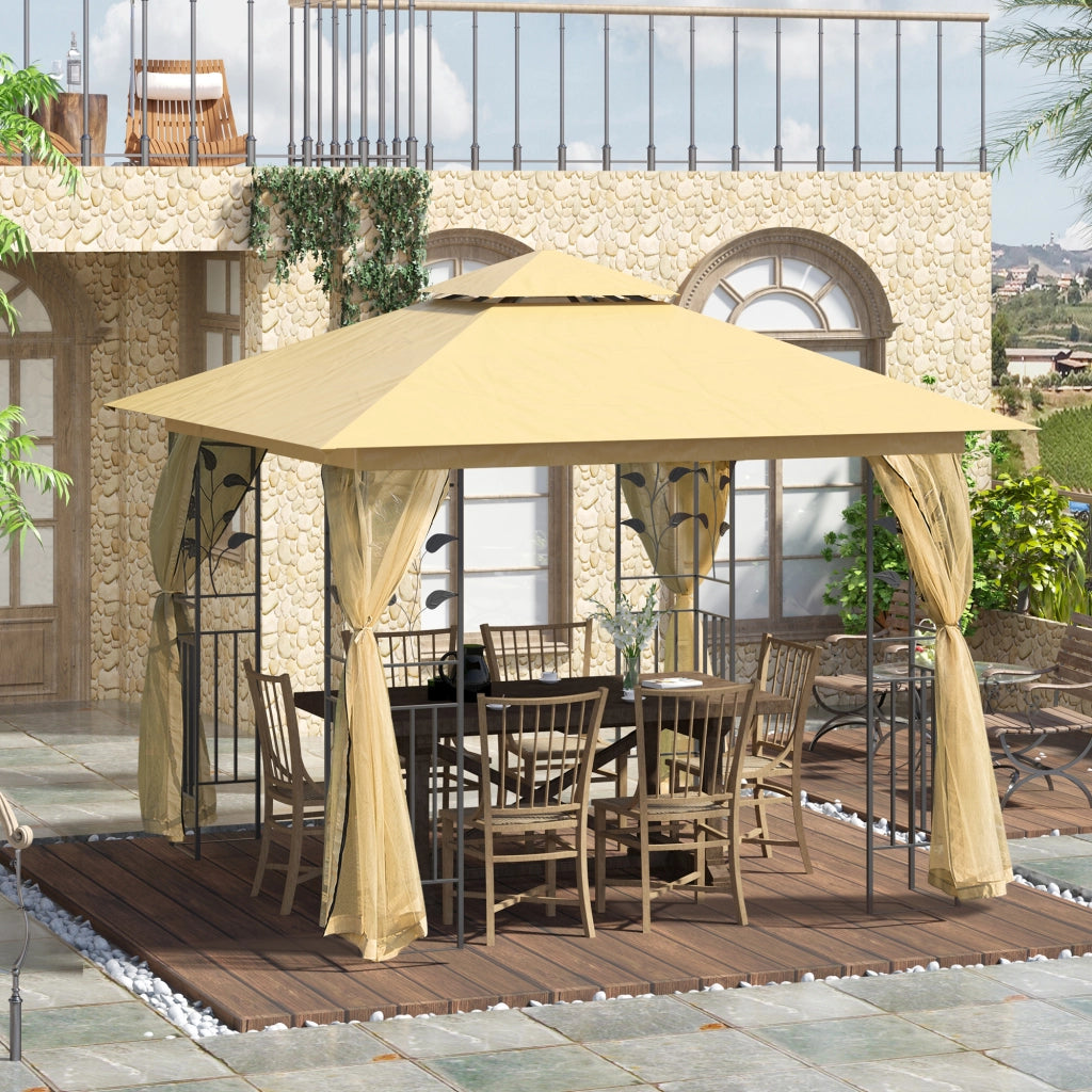 Gazebo da Giardino 3x3m con Zanzariera, Telaio in Acciaio e Doppio Tettuccio, Beige