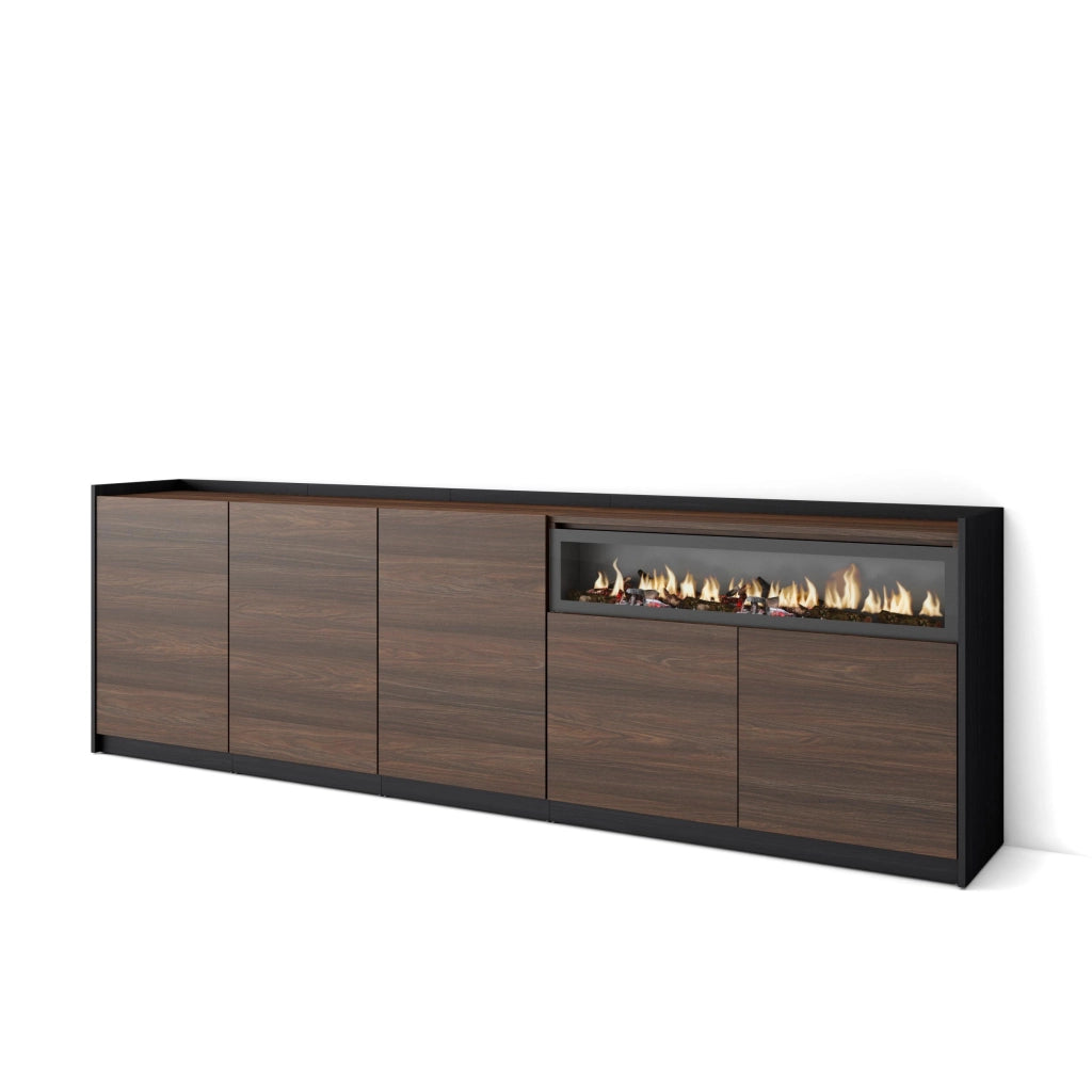 Credenza, Mobile, Cucina, 260x80x37 cm, 5 Porte, Camino elettrico, Rovere scuro e Nero