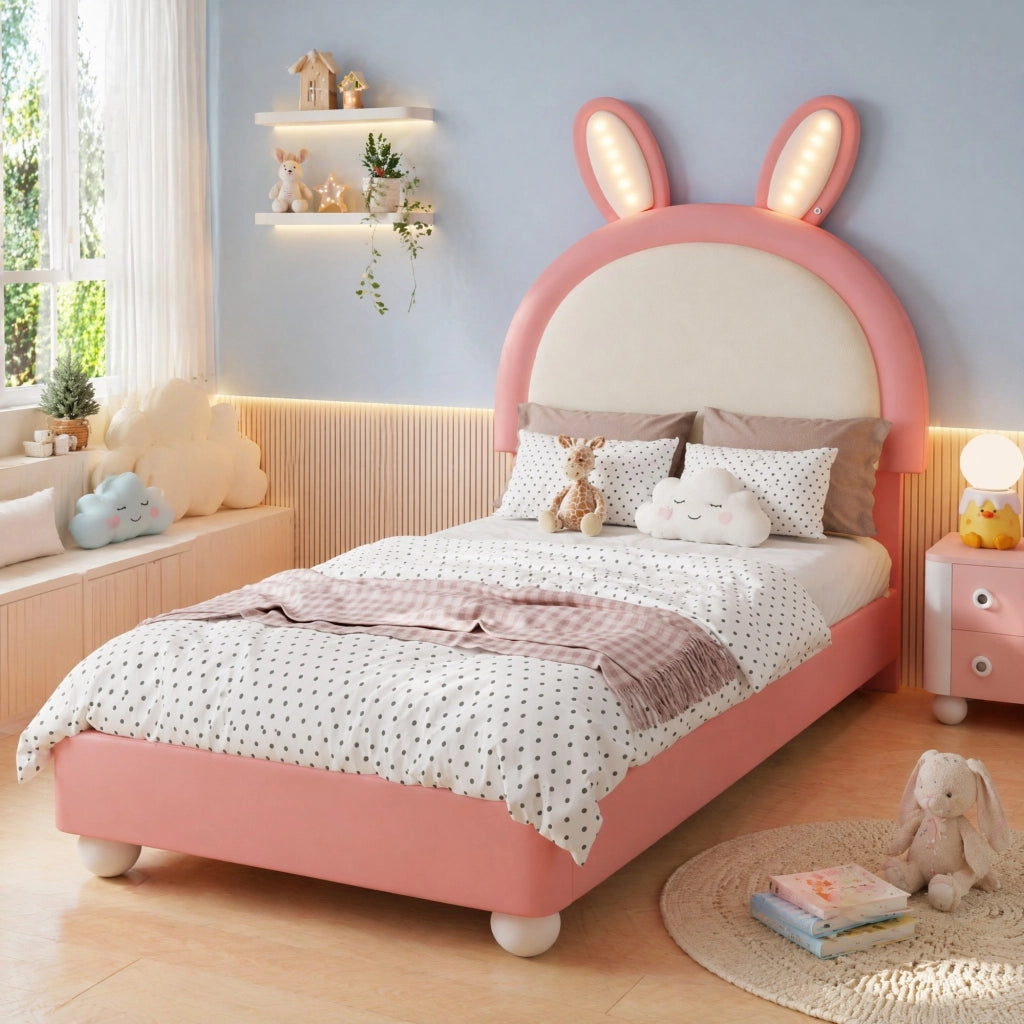 Letto singolo imbottito a coniglio con LED rosa e bianco 90x200 cm