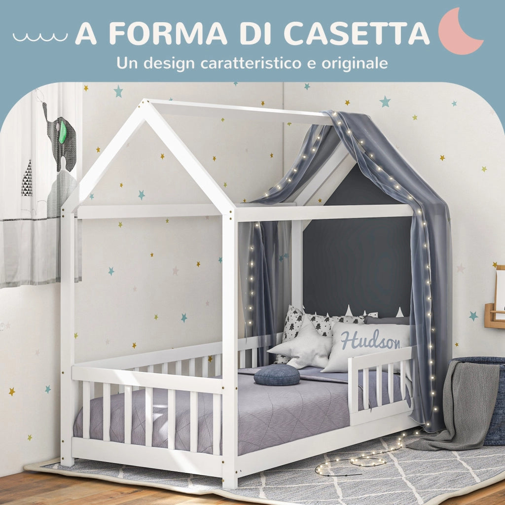 Letto Singolo per Bambini Casetta 96x195x165 cm con Doghe e Recinzione in Legno di Pino Bianco