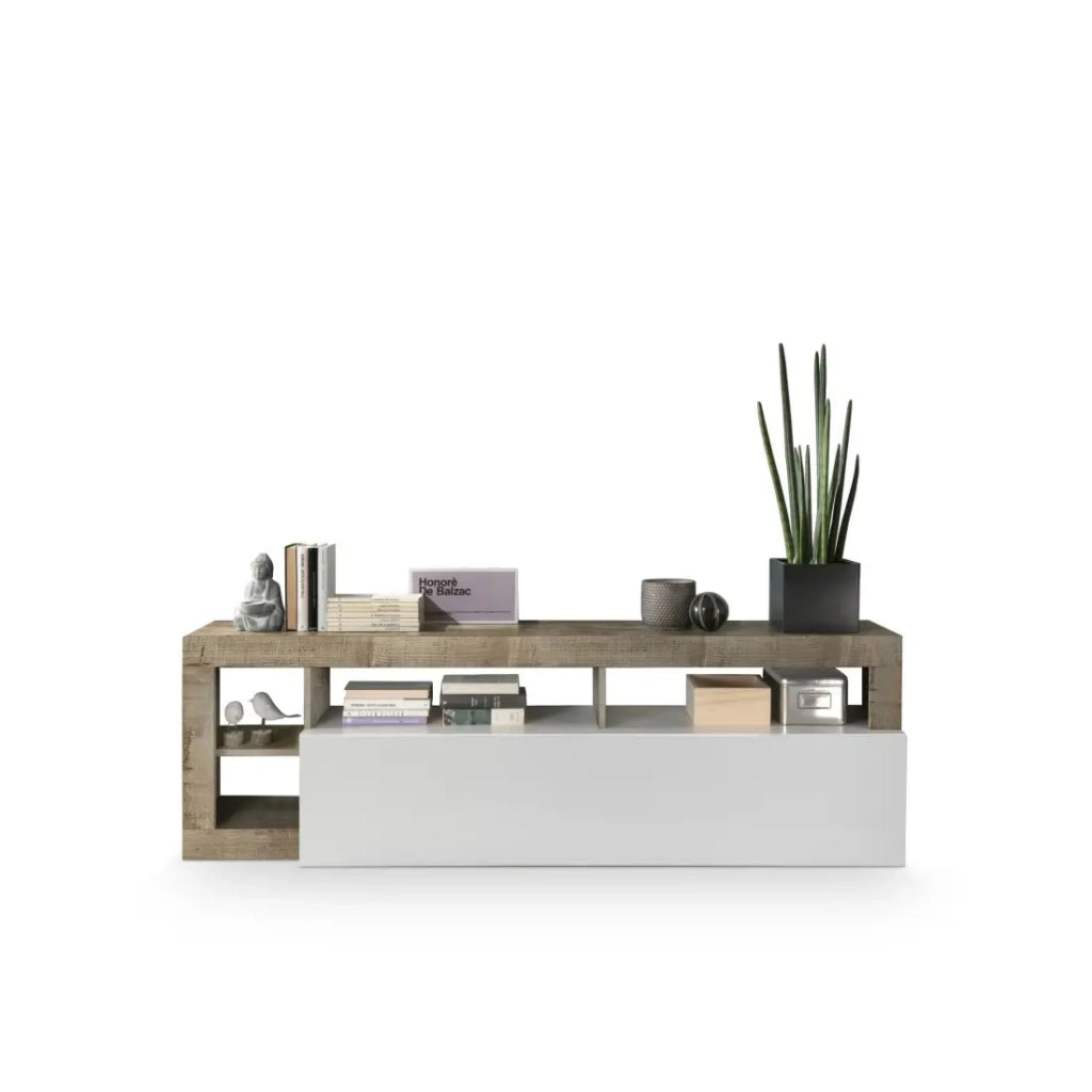 Mobile porta TV 1 anta, collezione BURA, colore bianco lucido laccato e rovere chiaro