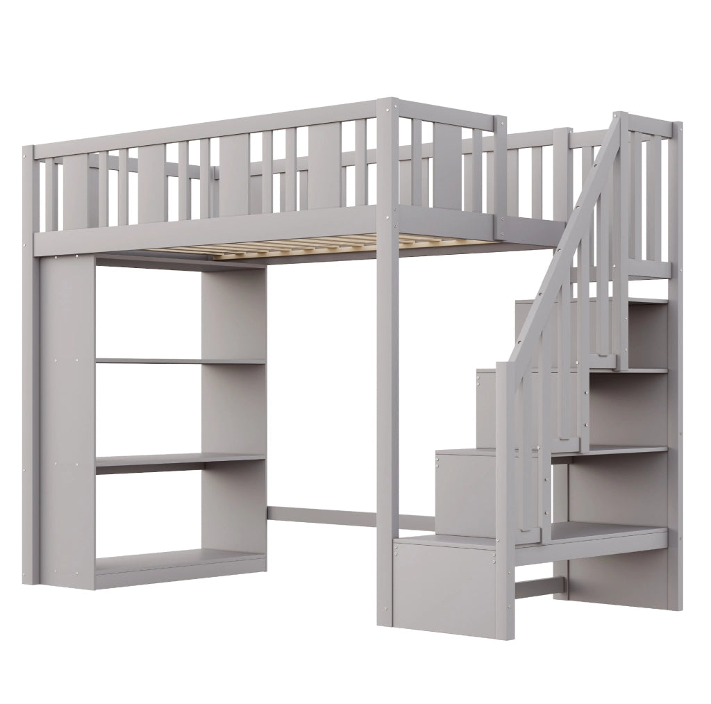 Letto a soppalco 90x200 cm con scala contenitore e 3 vani portaoggetti