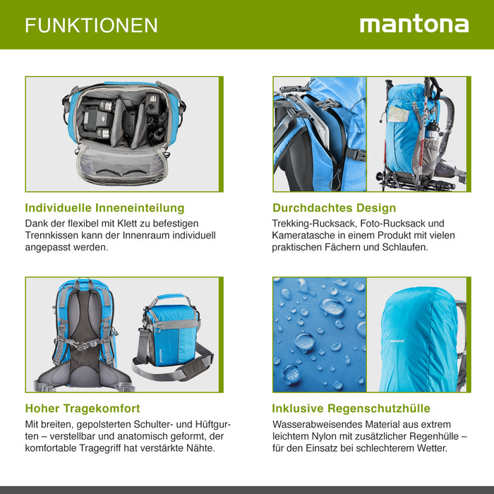Mantona Elements Outdoor Zaino blu 2in1 per fotocamera e trekking, borsa fotografica con scomparti imbottiti per DSLR, drone, con supporto treppiede e copertura antipioggia