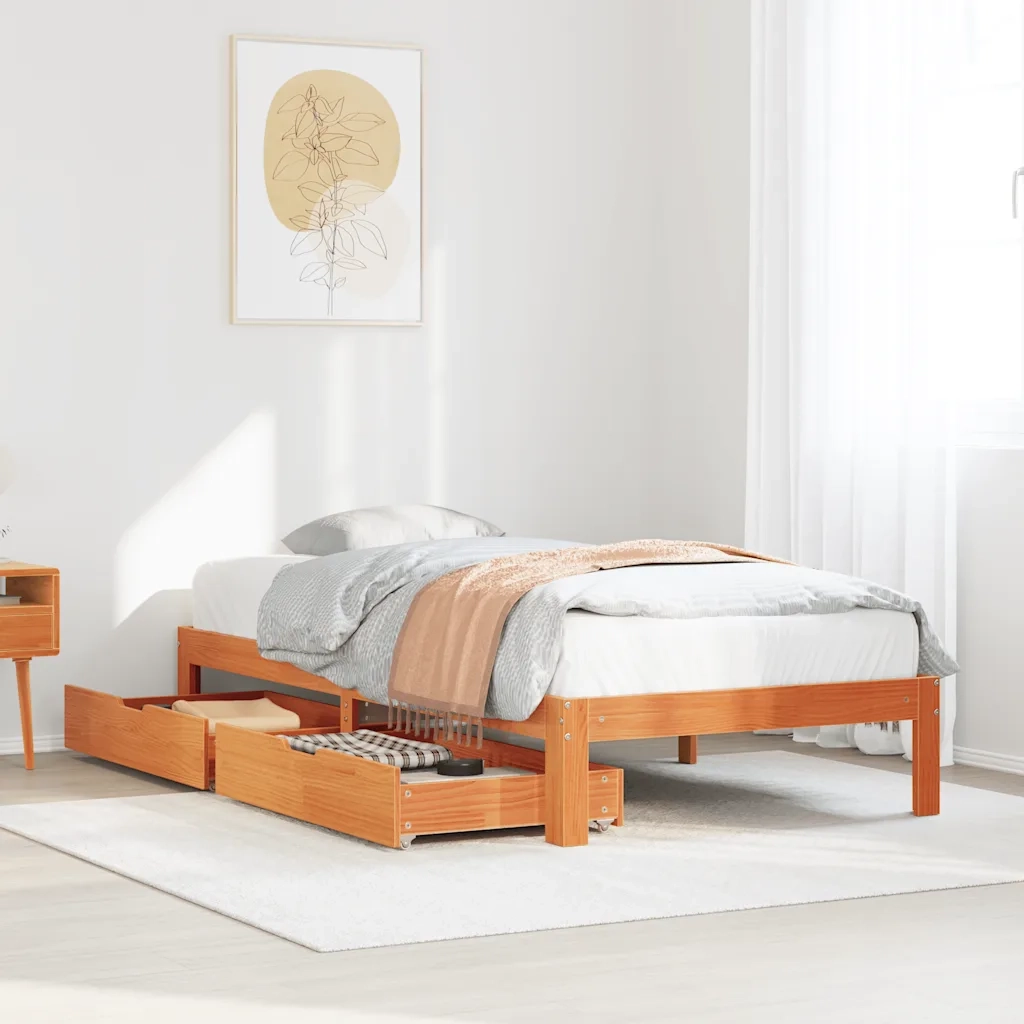 Giroletto Cassetti-Struttura Letto con contenitore Marrone Cera 75x190cm in Legno Massello Pino 231573