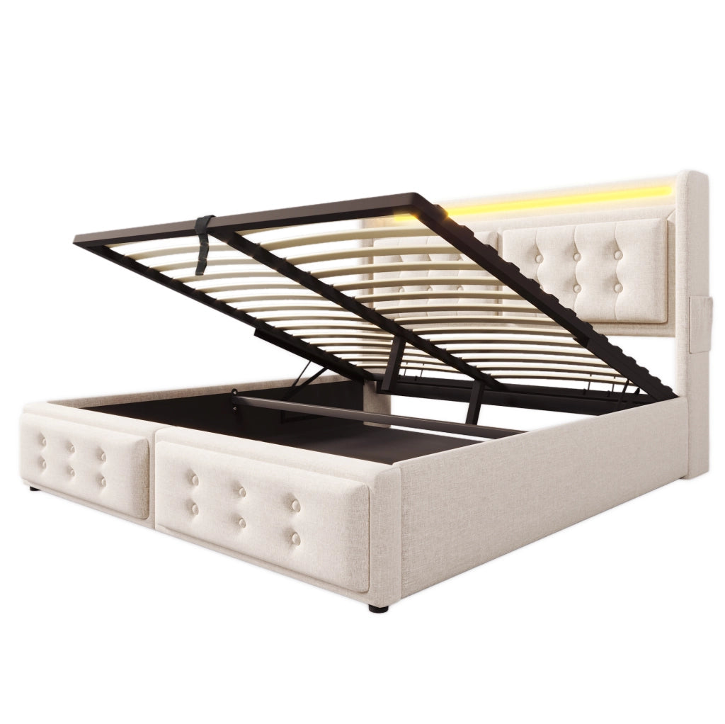Letto imbottito 140x200 con testiera LED, prese e contenitore