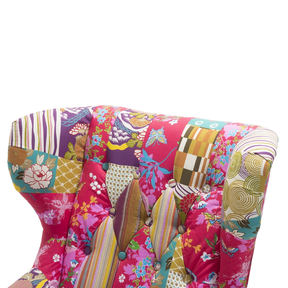 Poltrona Wingback Poltrona Patchwork Tessuto Multicolore base rosa Gambe in Legno capitonné