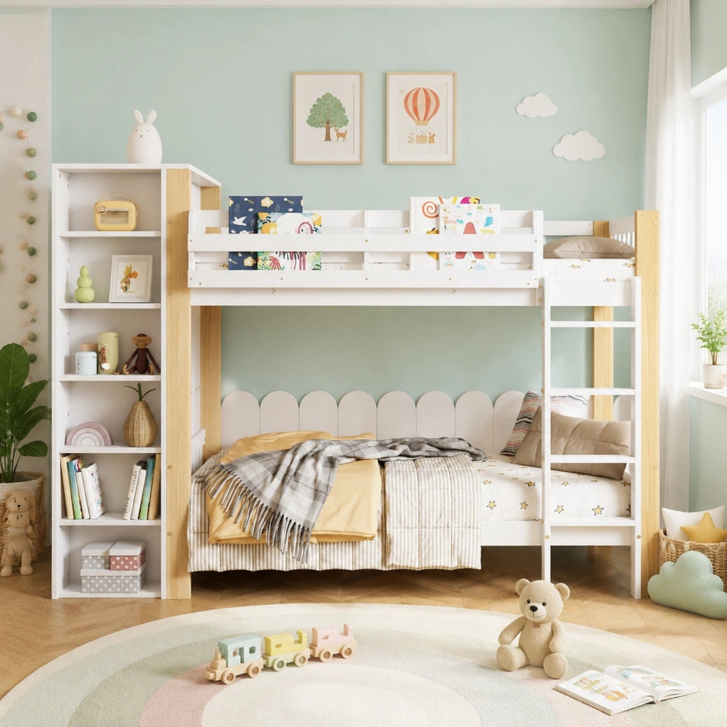 Letto a castello 90x200 cm con armadio, ripiani e scala, bianco/naturale