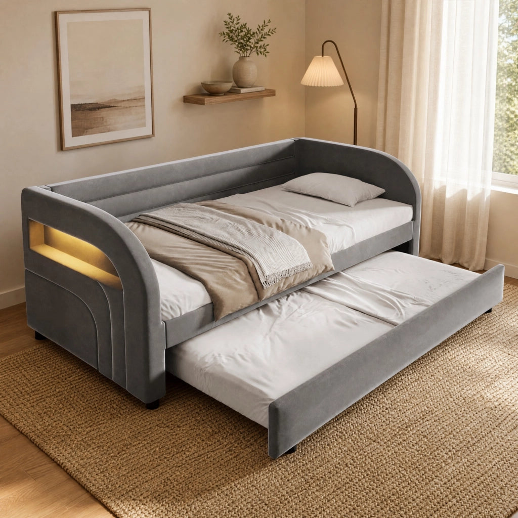 Letto imbottito 90x200 cm con letto estraibile e LED