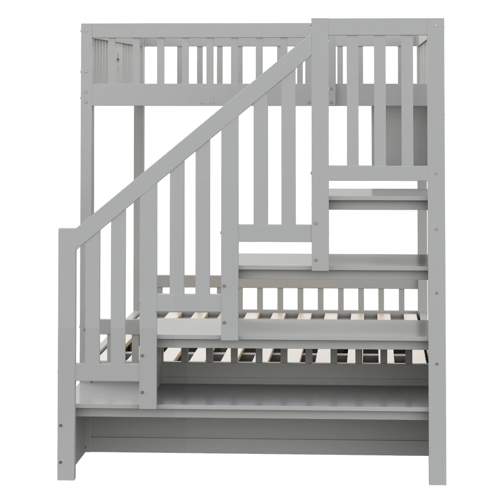 Letto a castello in legno 140x200 cm con letto inferiore idraulico; scaletta con ripiani; grigio