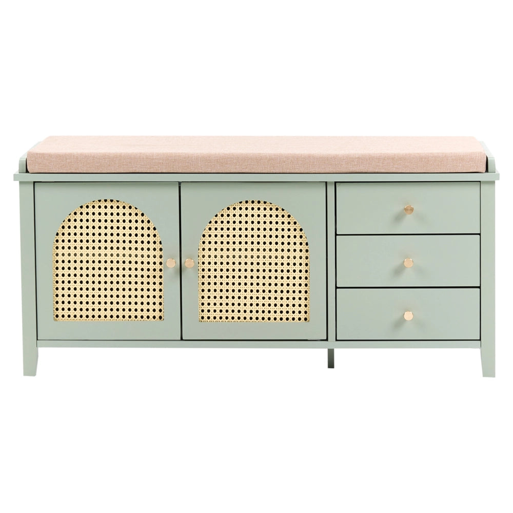 Panca porta scarpe con 3 cassetti e 2 ripiani seduta imbottita legno MDF rattan PE verniciata stile boho verde menta