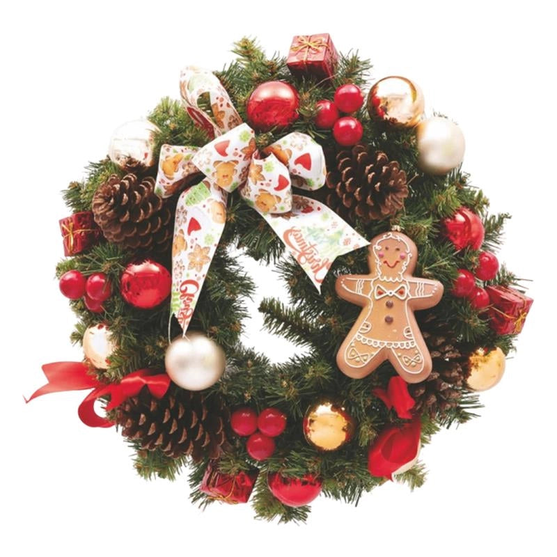 MAURY'S GHIRLANDA DI NATALE IN PVC VERDE CON FIOCCO DECORAZIONI VARIE E GINGERBREAD DIMENSIONI 40 CM