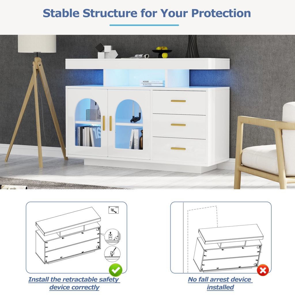 Credenza con 3 cassetti; vani aperti e LED RGB per soggiorno; 120 x 40 x 80 cm; bianco