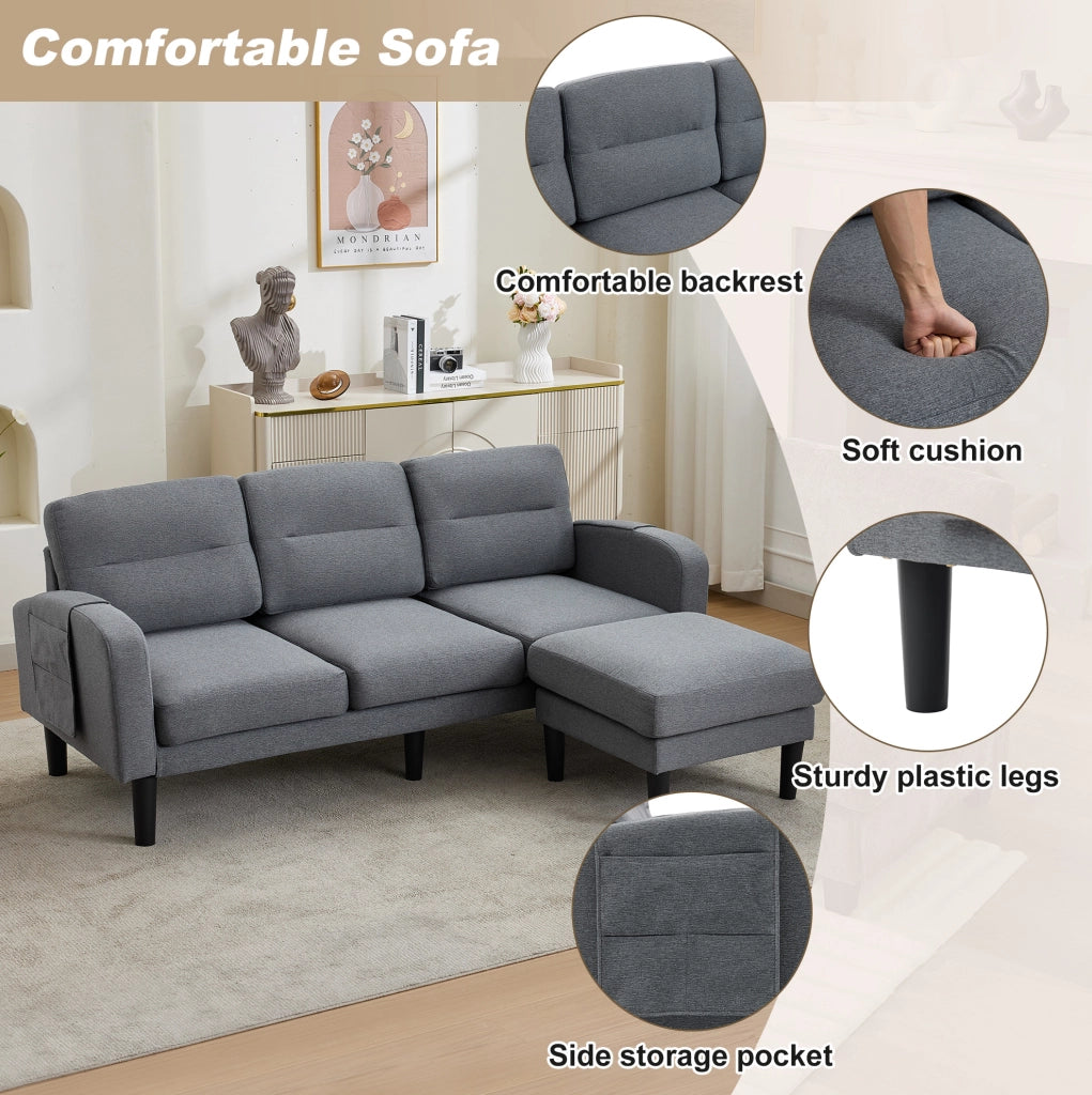 Divano angolare a L 3 posti con chaise longue; tasche laterali; 204x136x80 cm; grigio