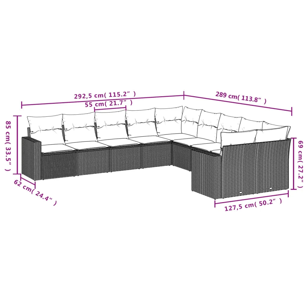 Set Divani da Giardino 10 pz con Cuscini Nero in Polyrattan