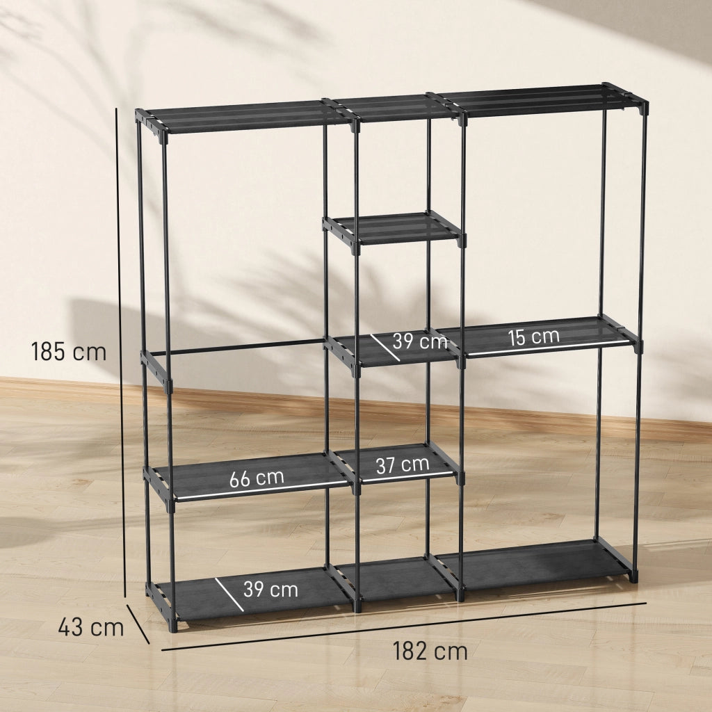 Armadio Guardaroba 182x43x185 cm con 8 Ripiani e 3 Aste per Appendere in Tessuto Nero