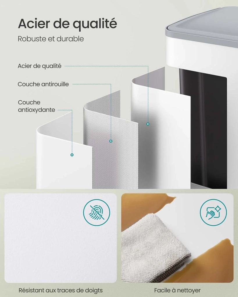 Pattumiera da cucina 2 x 30 litri 2 scomparti pattumiera a pedale con coperchio a chiusura ammortizzata secchi interni in acciaio 15 sacchi bianchi 12_0007971