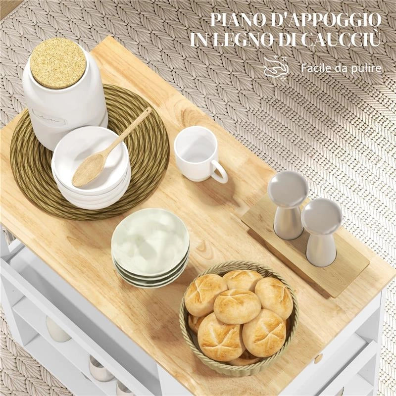 CARRELLO ISOLA DA CUCINA CON RIPIANI REGOLABILI, PORTACOLTELLI E PIANO IN LEGNO, 86.5X47X88 CM, BIANCO