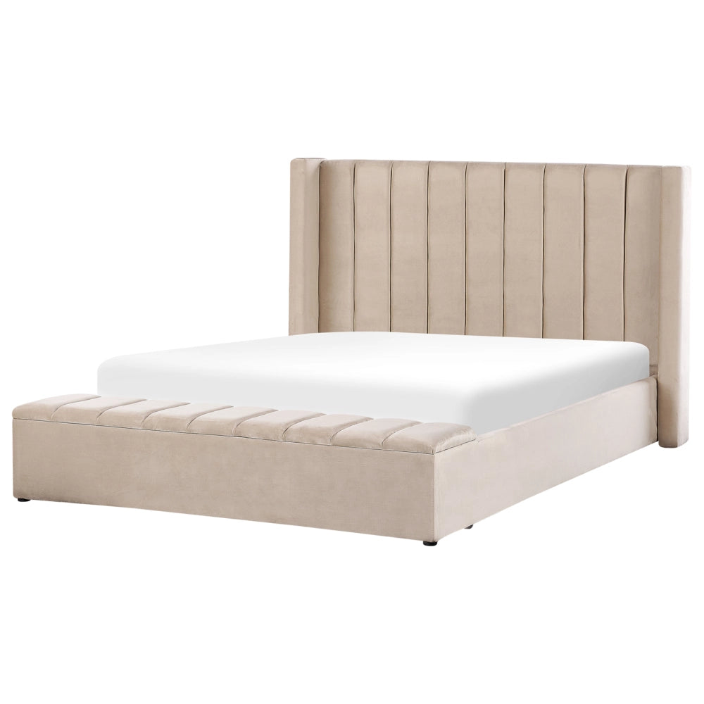 Letto matrimoniale ad acqua in velluto beige con cassapanca 180 x 200 cm moderno glam morbido materasso camera da letto