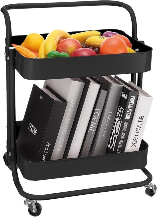 Carrello a due livelli con maniglia e ruote chiuse - Nero - Carrello per camera da letto e organizzatore per cucina