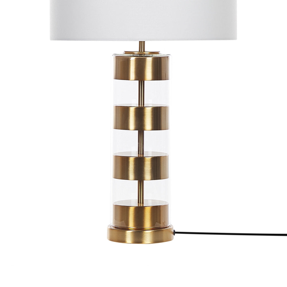 Lampada da Tavolo Base in Vetro dorato/Trasparente con Paralume in Tessuto a Forma di Tamburo Bianco