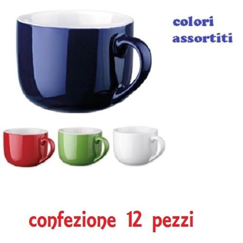 Trade Shop - Set 12 Pezzi Tazza Tazzone Porcellana Colorate Latte Colazione 450ml -