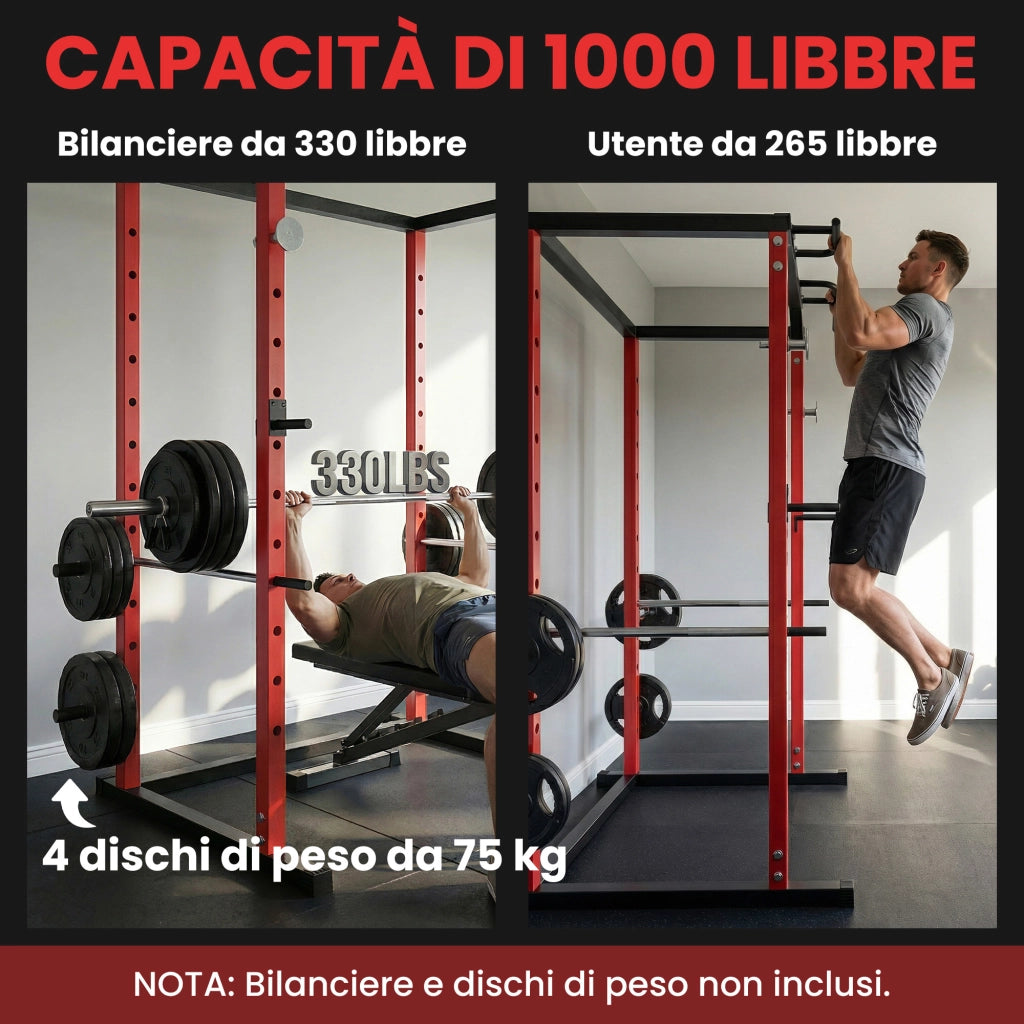 Power Cage Stazione Multifunzione 160x112x215 cm Rack Regolabile con Capacità di 460 kg in Acciaio Rosso