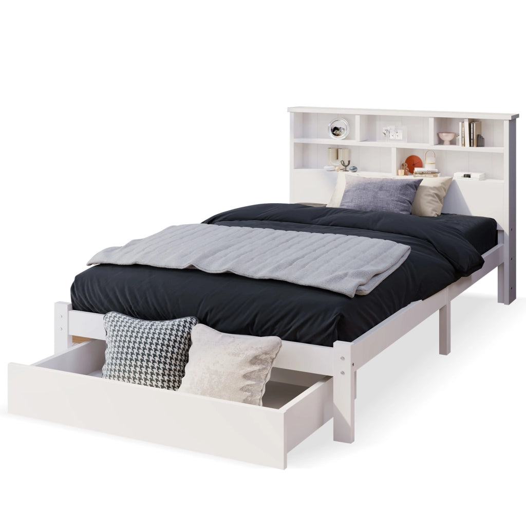 Letto singolo 90x200 cm con cassetti e testiera libreria; legno massello e MDF; bianco