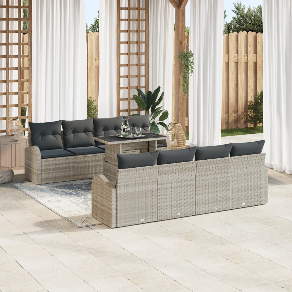 Set Divano da Giardino  a 9 Pezzi con Cuscini Grigio Chiaro Polyrattan