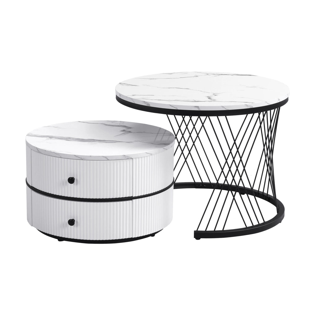 Set di tavolini da caffè rotondi 2 pezzi bianco; effetto marmo lucido; 60x60x46 cm e 50x50x31 cm