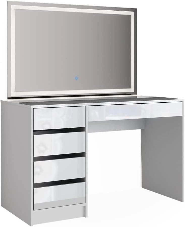 Tavolo da toeletta Sherry, Bianco, 120 cm con illuminazione a LED, con illuminazione LED e grande specchio rettangolare