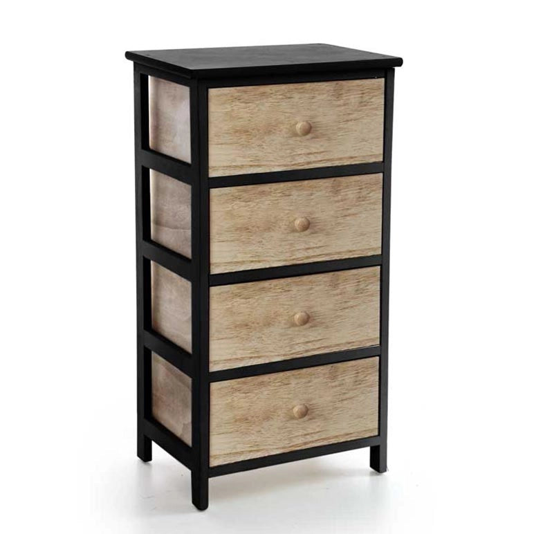CASSETTIERA IN LEGNO NERO CON 4 CASSETTI IN COLORE NATURALE 40 X 29 X 73 CM