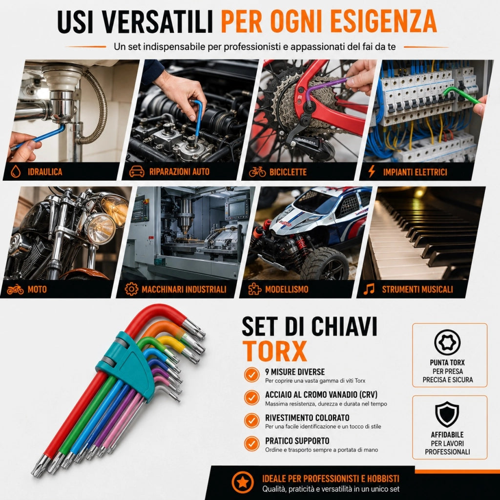 Set 9 Chiavi Torx Ad Elle con Foro Extra Lunghe Colorate Antiscivolo T10-T50