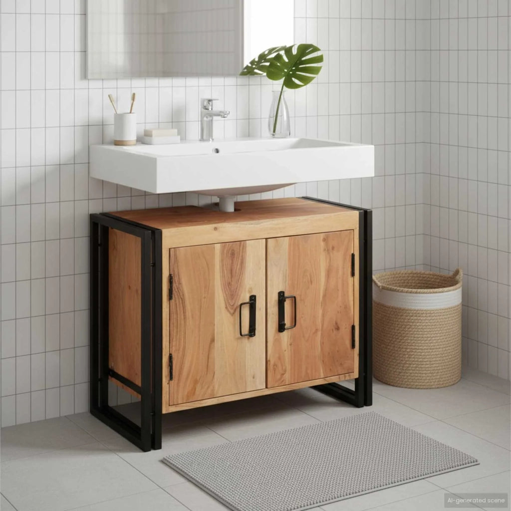 Mobile sottolavabo-Armadietto da bagno con porta Legno massello di acacia e ferro