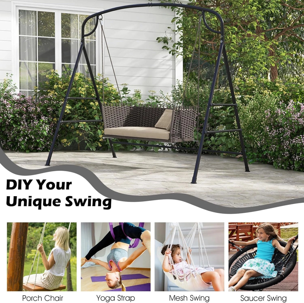 Supporto per altalena in metallo, telaio per dondolo da giardino a forma di A, telaio per panca sospesa con carico di 300 kg, telaio con 2 anelli per balcone, veranda, 180 x 133 x 182 cm
