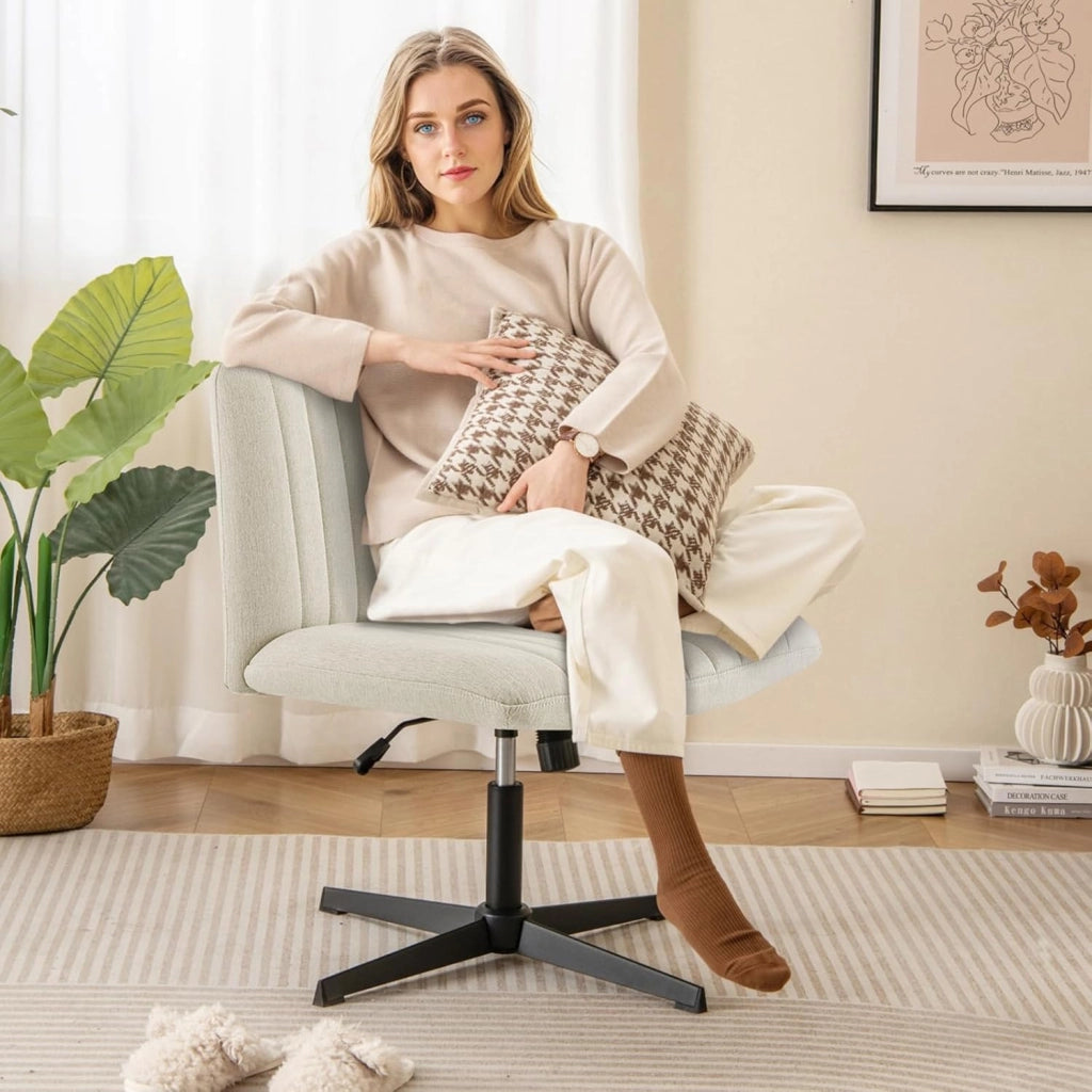 Sedia Ufficio Senza Ruote, Sedia da Scrivania con Sedile Imbottito, con Funzione a Dondolo 100°-120°, Girevole 360°, Altezza Regolabile, Sedia Ergonomica Portata 150 kg (Beige)