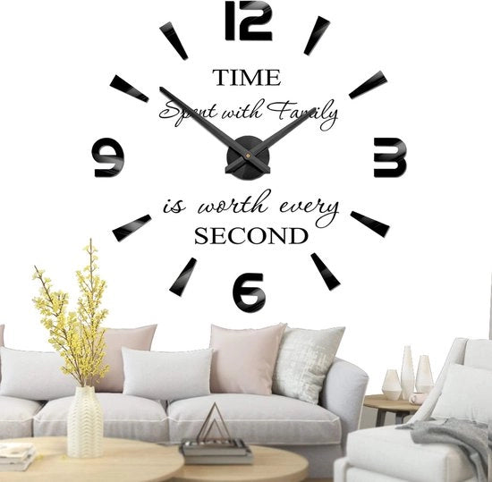 Orologio a muro 3D XXL senza cornice, specchio opaco, adesivo per la decorazione della casa e della scuola (Nero-73)