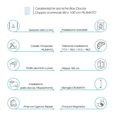 Box doccia 80x100 angolare doppio scorrevole con vetro temperato opaco e profili cromo Geo