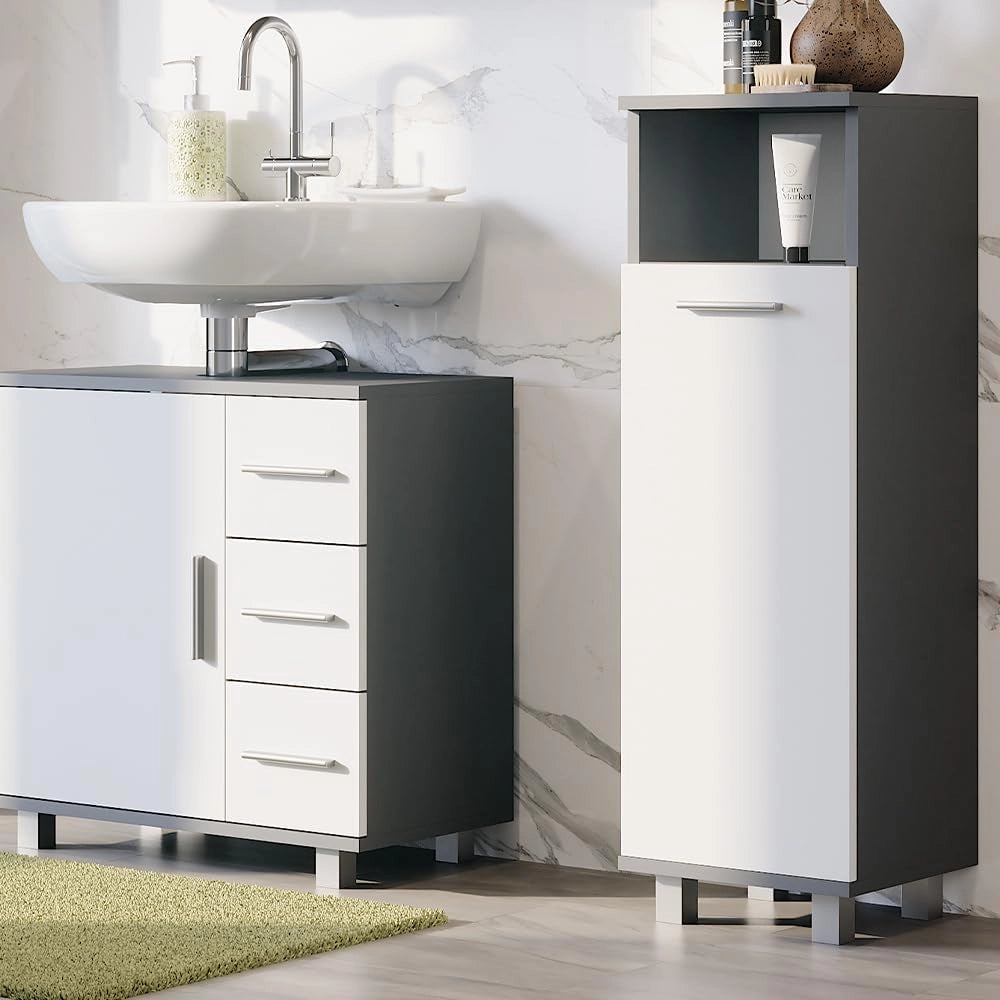 Mobiletto midi Ilias, Antracite/bianco, 30.2 x 95 cm con porta, per la conservazione di articoli da bagno e asciugamani