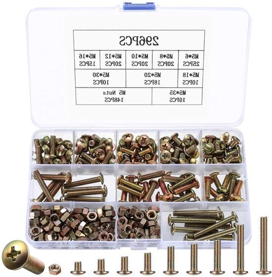 Set di viti a croce con 296 viti M5 | Viti a testa di lente e viti | Assortimento di viti a testa di croce | Viti per macchina | Viti a testa piatta | Per motocicletta e bicicletta