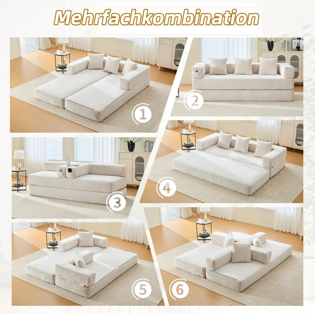 Blocco divano modulare in ciniglia beige con tasche laterali