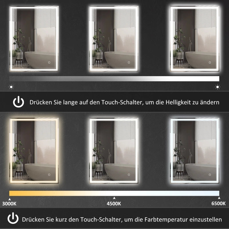 Specchio da bagno con illuminazione 90x70 cm, specchio a LED da parete con funzione memoria, 3 colori di luce, argento.