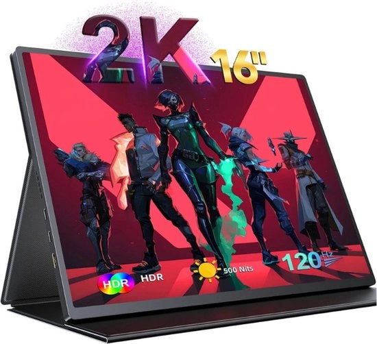 Monitor Portatile con Copertura - Schermo con Altoparlanti Integrati - Portatile - 16 Pollici - Display da Gioco a 120Hz - Per Xbox, PS5, Laptop, Telefono, Nintendo Switch, PC