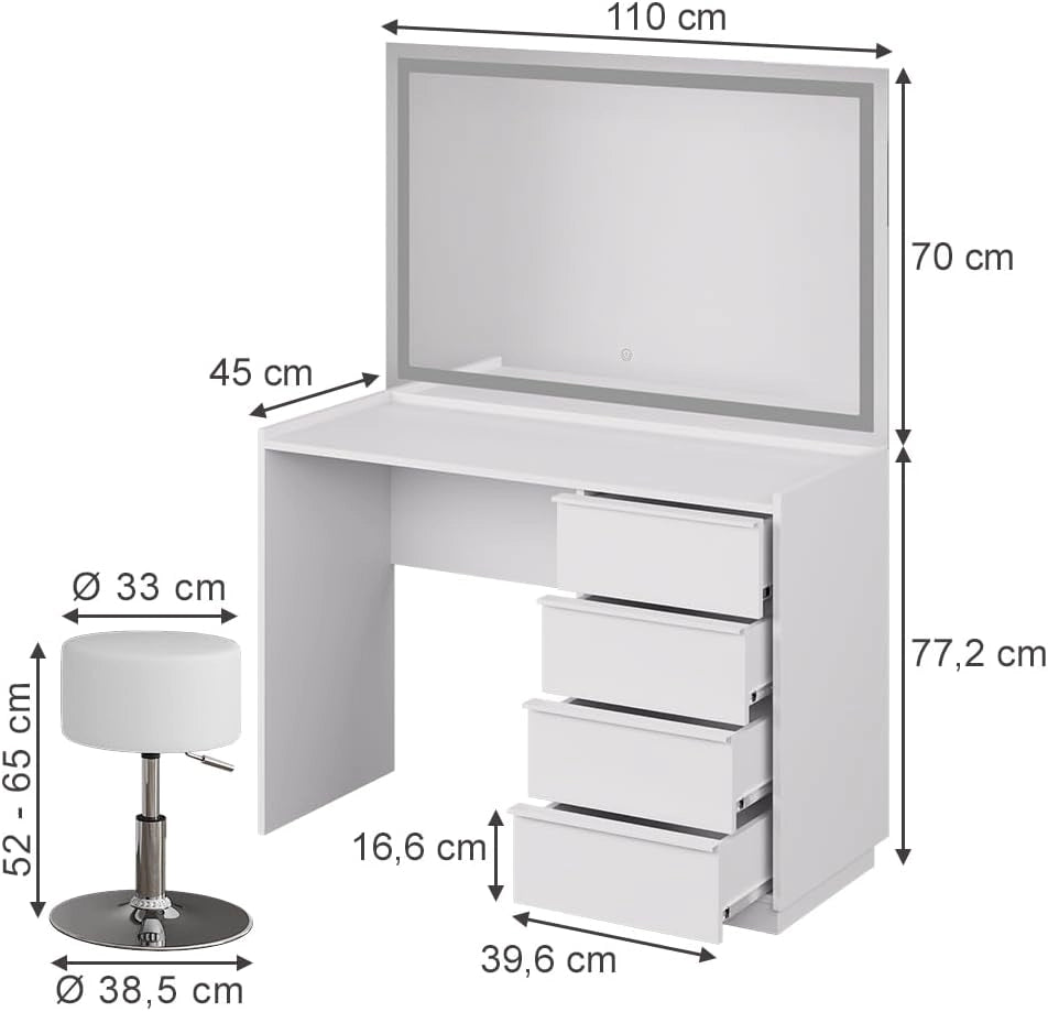 Tavolo da toeletta Viktoria, Bianco, 110 cm con specchio LED e sgabello, porta un tocco moderno all’ambiente